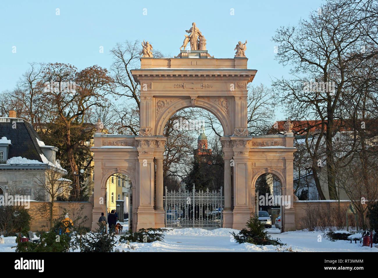 Portal and castellan house of the snow-covered municipal park in Pankow in Berlin Stock Photo