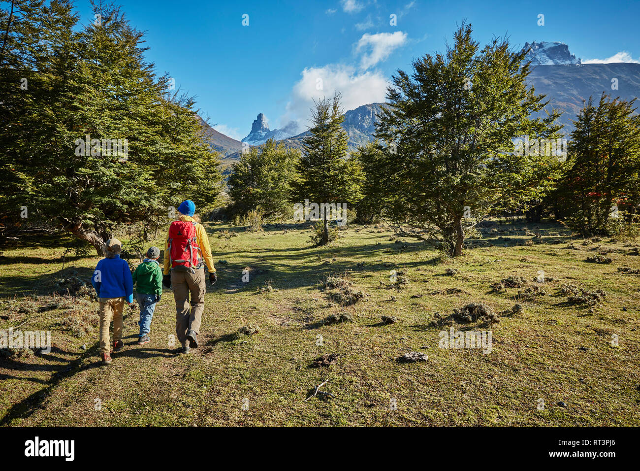 Chile, Cerro Castillo, mother with two sons on a hiking trip Stock Photo