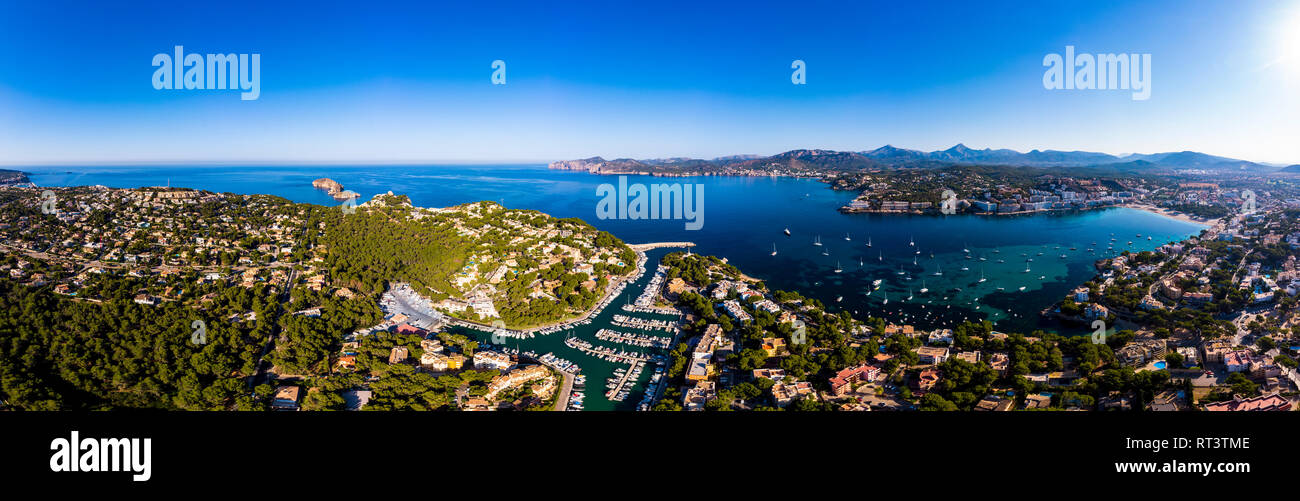 Spain, Baleares, Mallorca, Calvia region, Aerial view of Santa ponca, Marina, Serra de Tramuntana in the background Stock Photo