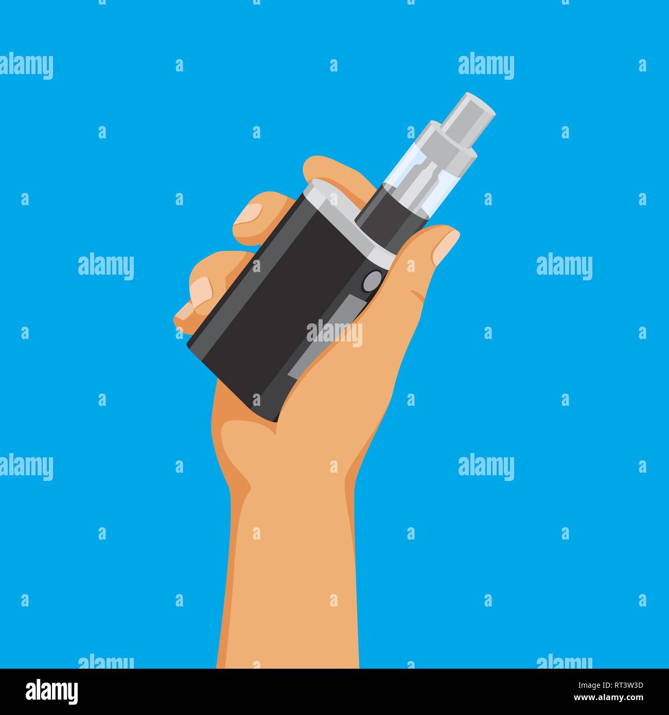 Vape addiction concept, hand holding e-cigarette, vaping stuff, vector illustration. Stock Vector