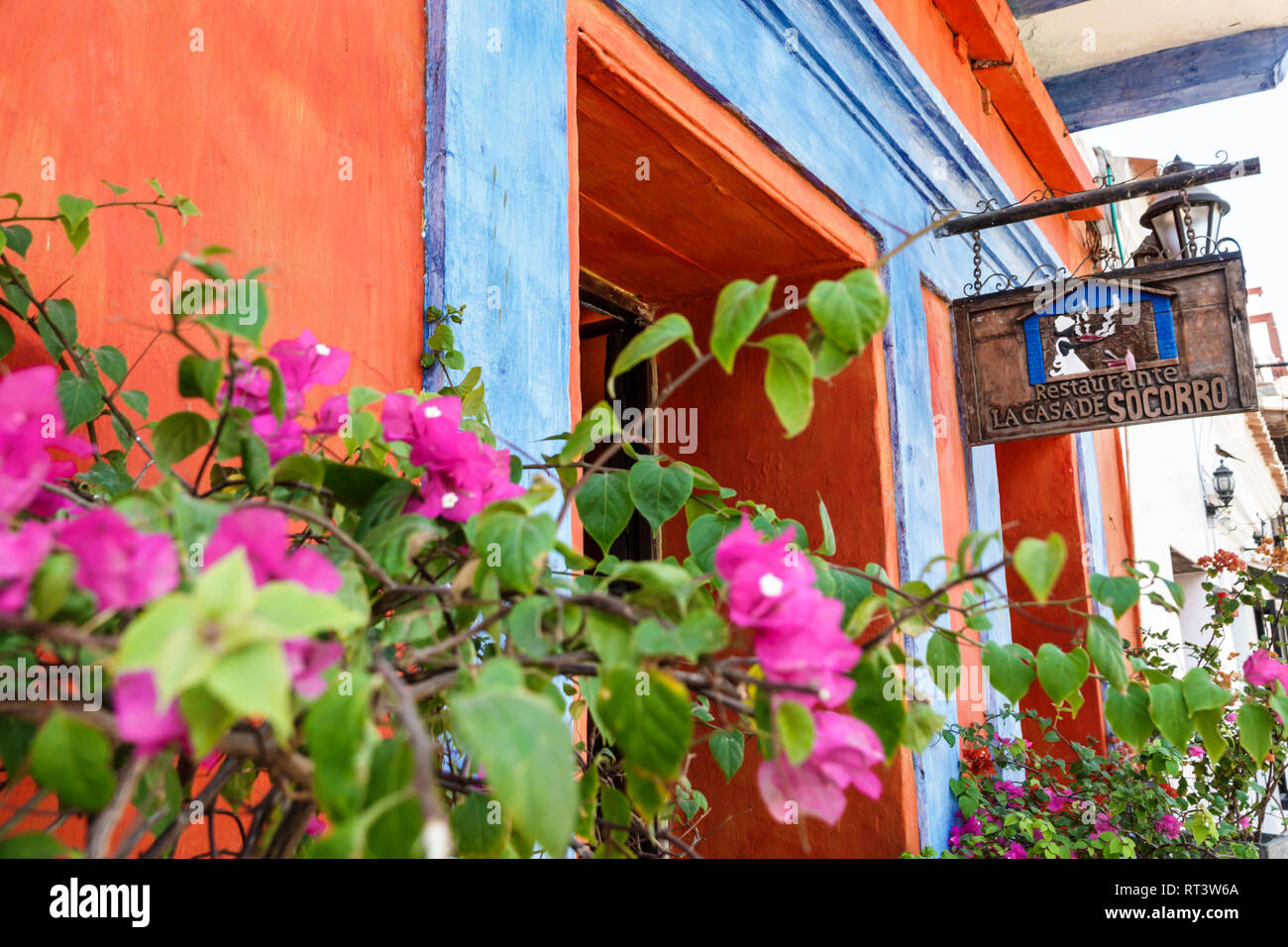 Cartagena Colombia,Center,centre,Getsemani,Restaurante La Casa de Socorro,restaurant restaurants food dining cafe cafes,sign,entrance,colorful walls,b Stock Photo