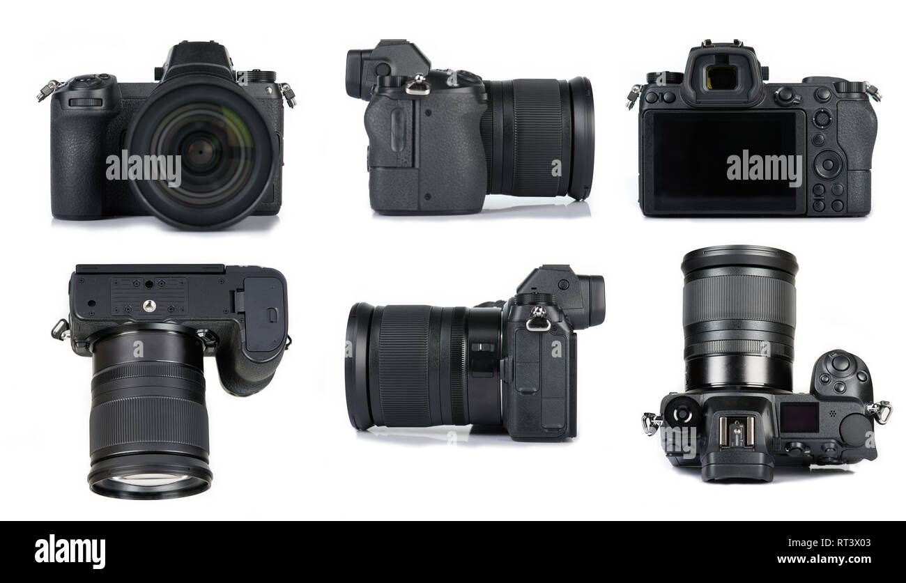 Modern digital camera above, top, side and front views. 3d model of mirrorless photocamera Stock Photo
