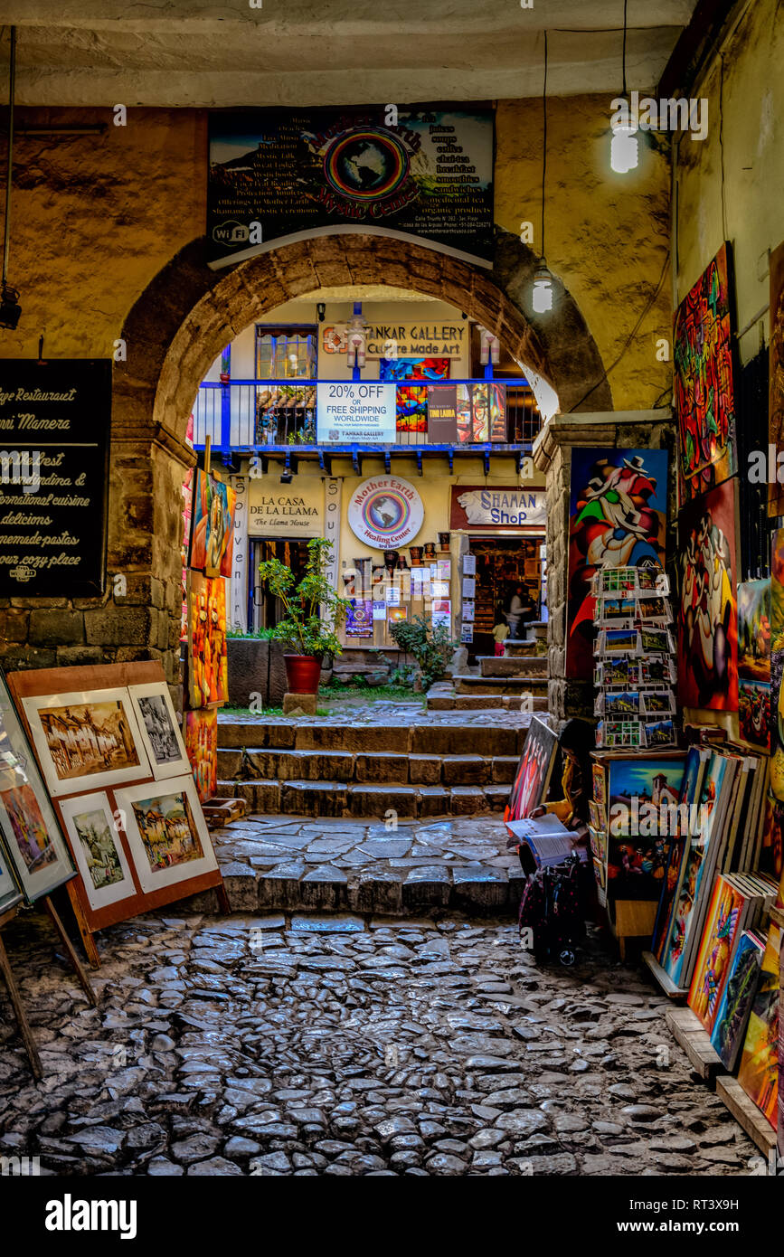 Gallery in the San Blas district of Cusco Selling Local Artists' Works Stock Photo
