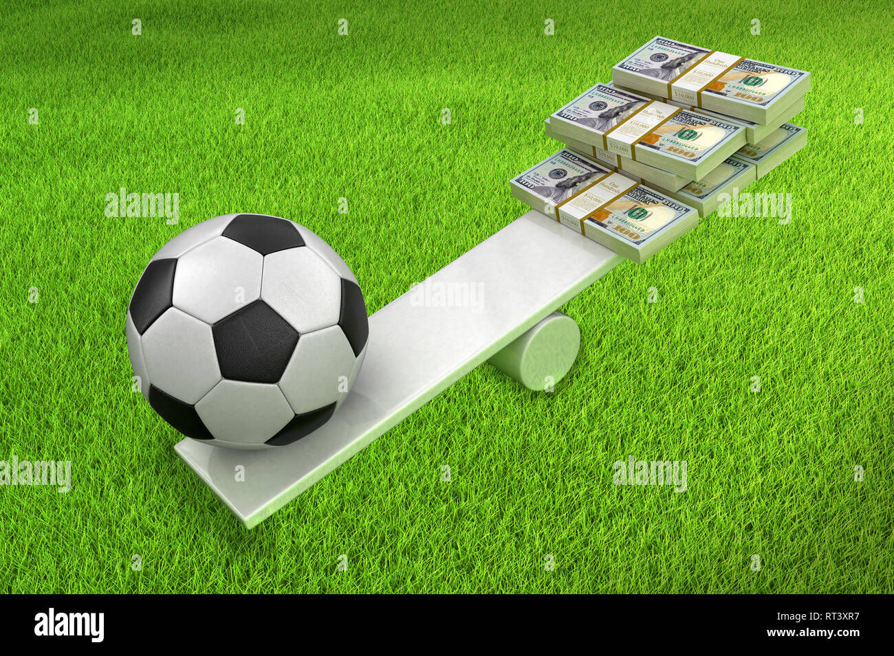 Soccer Ball and dollars balanced on plank. Image with clipping path