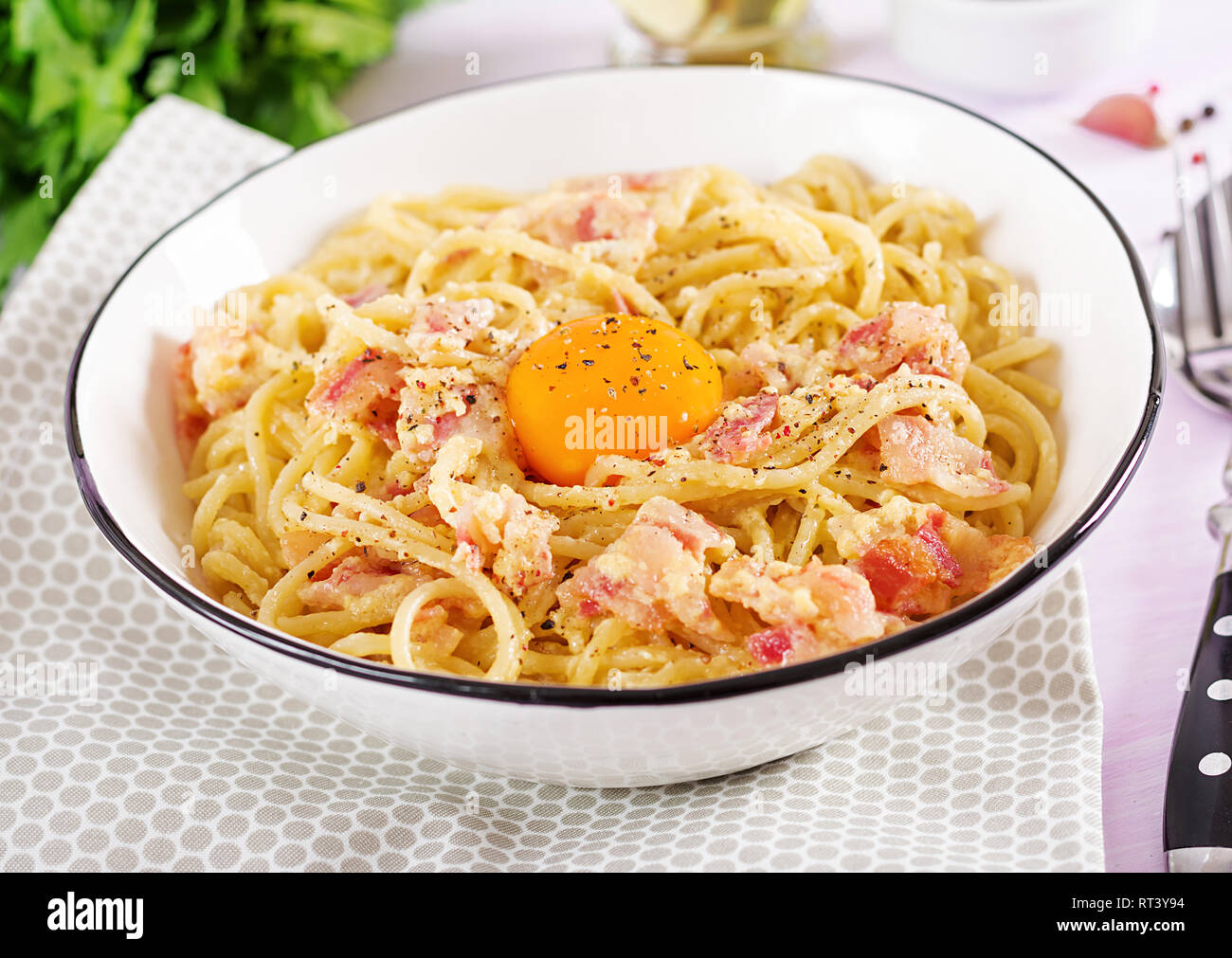 Classic Homemade Carbonara Pasta With Pancetta Egg Hard Parmesan Cheese And Cream Sauce Italian Cuisine Spaghetti Alla Carbonara Stock Photo Alamy