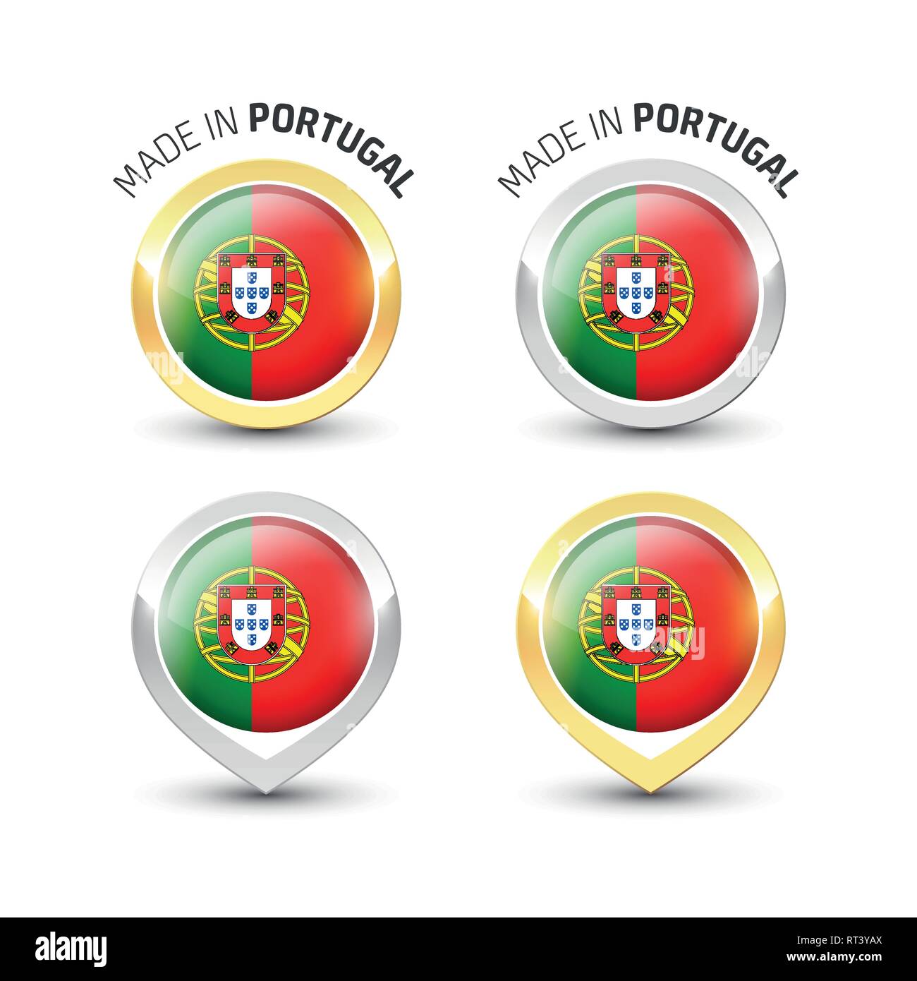 Made in Portugal - Guarantee label with a portuguese flag inside round gold and silver icons. Stock Vector