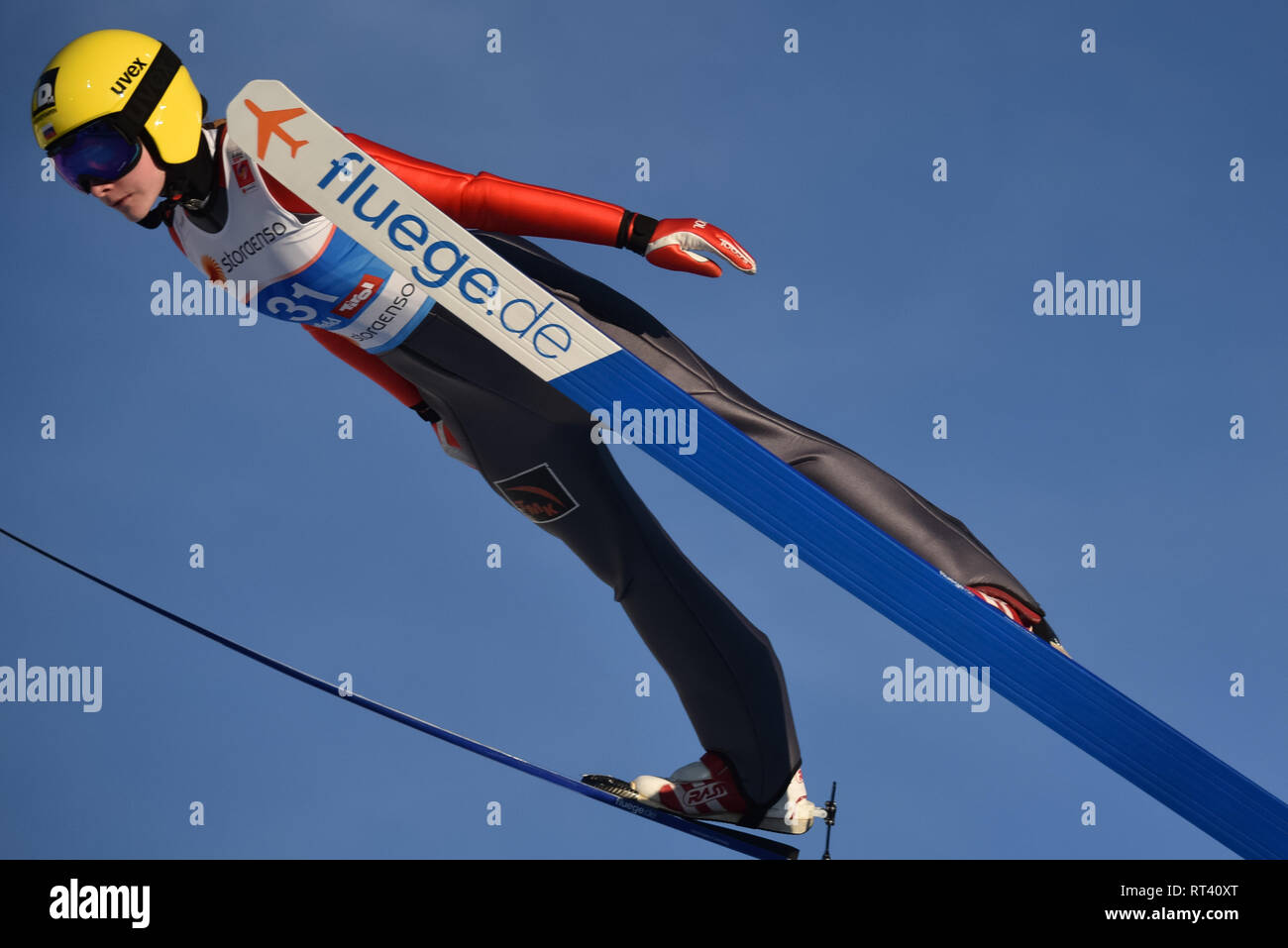 Seefeld, Austria, 25, February. 2019. Ski jump training, Anna Shypneva, Russia, at the nordic world ski championships.  © John Lazenby/Alamy Stock Photo