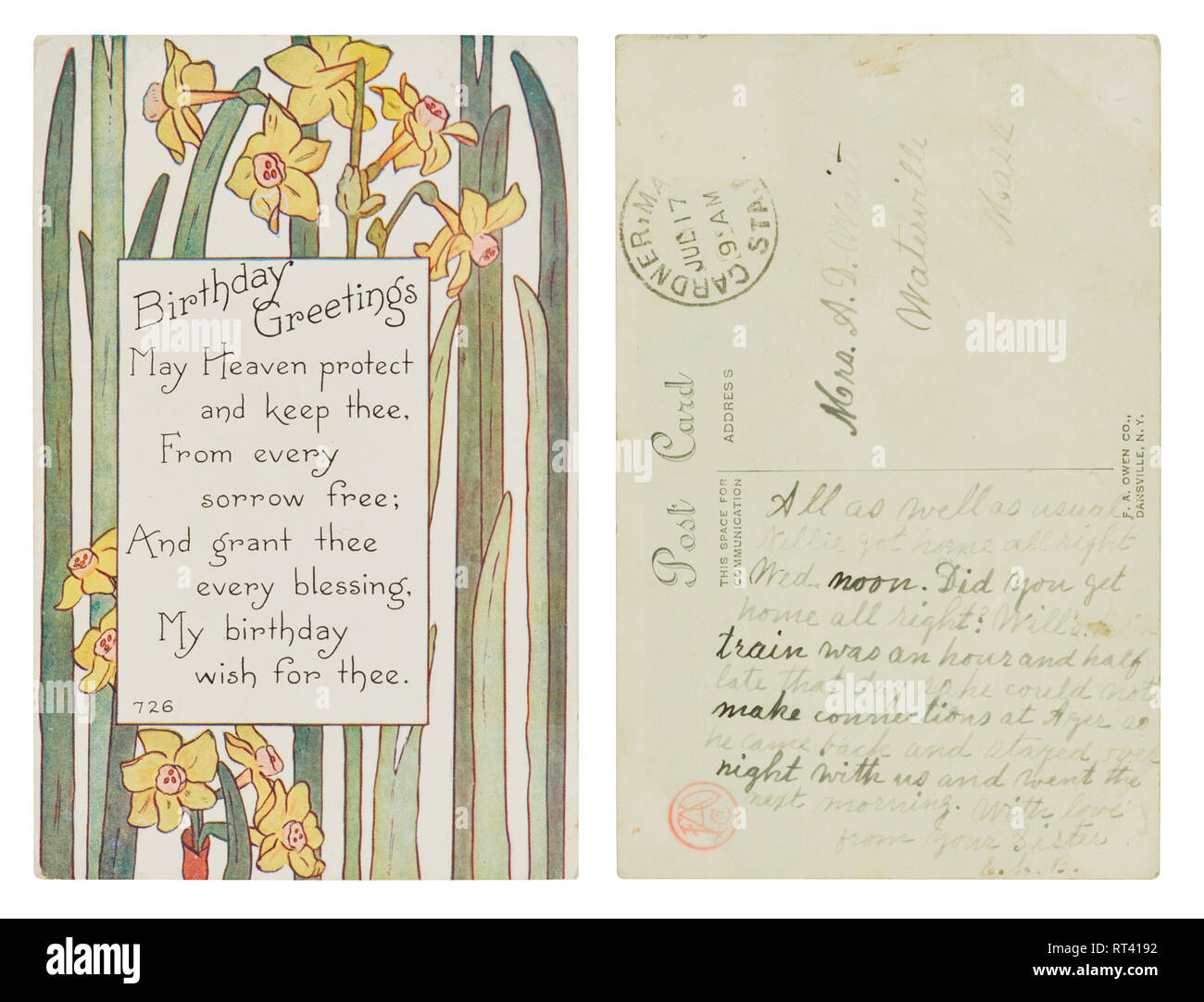 Birthday greetings card from 1917 sent to Watsonville, Mass from Cardner, Mass. Stock Photo