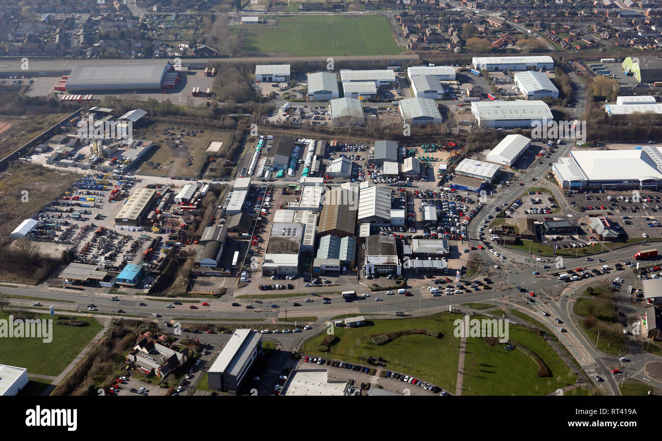 aerial view of the industrial and retail estates on the Winwick Road in North Warrington, Cheshire Stock Photo