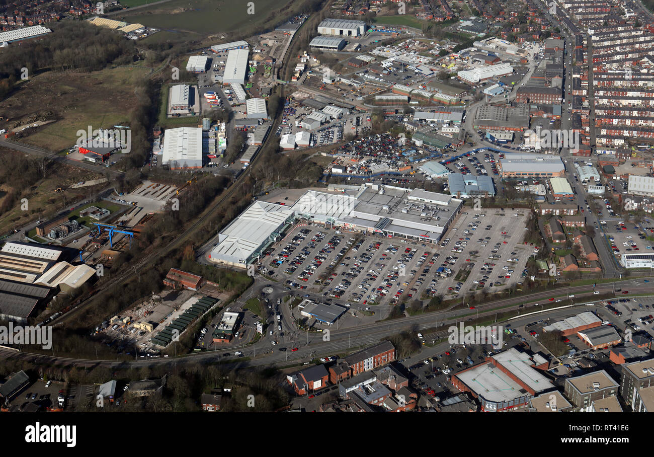 aerial view of Woodfields Retail Park, Peel Way, Bury BL9 5BY Stock Photo