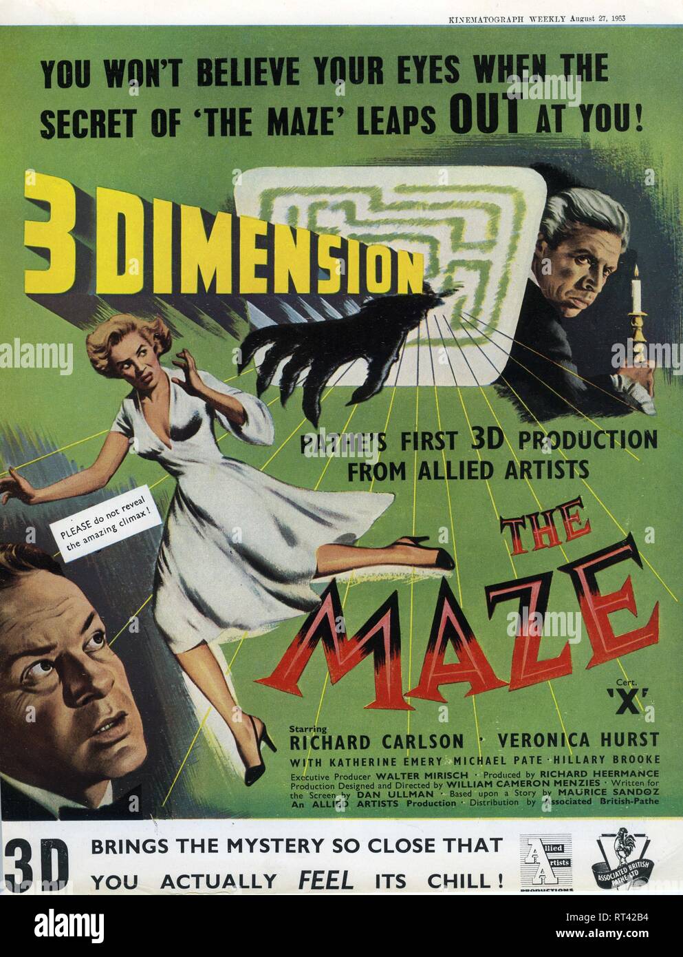 Richard Carlson Veronica Hurst Michael Pate THE MAZE 1953 Production Designed and Directed by William Cameron Menzies 3D Stock Photo