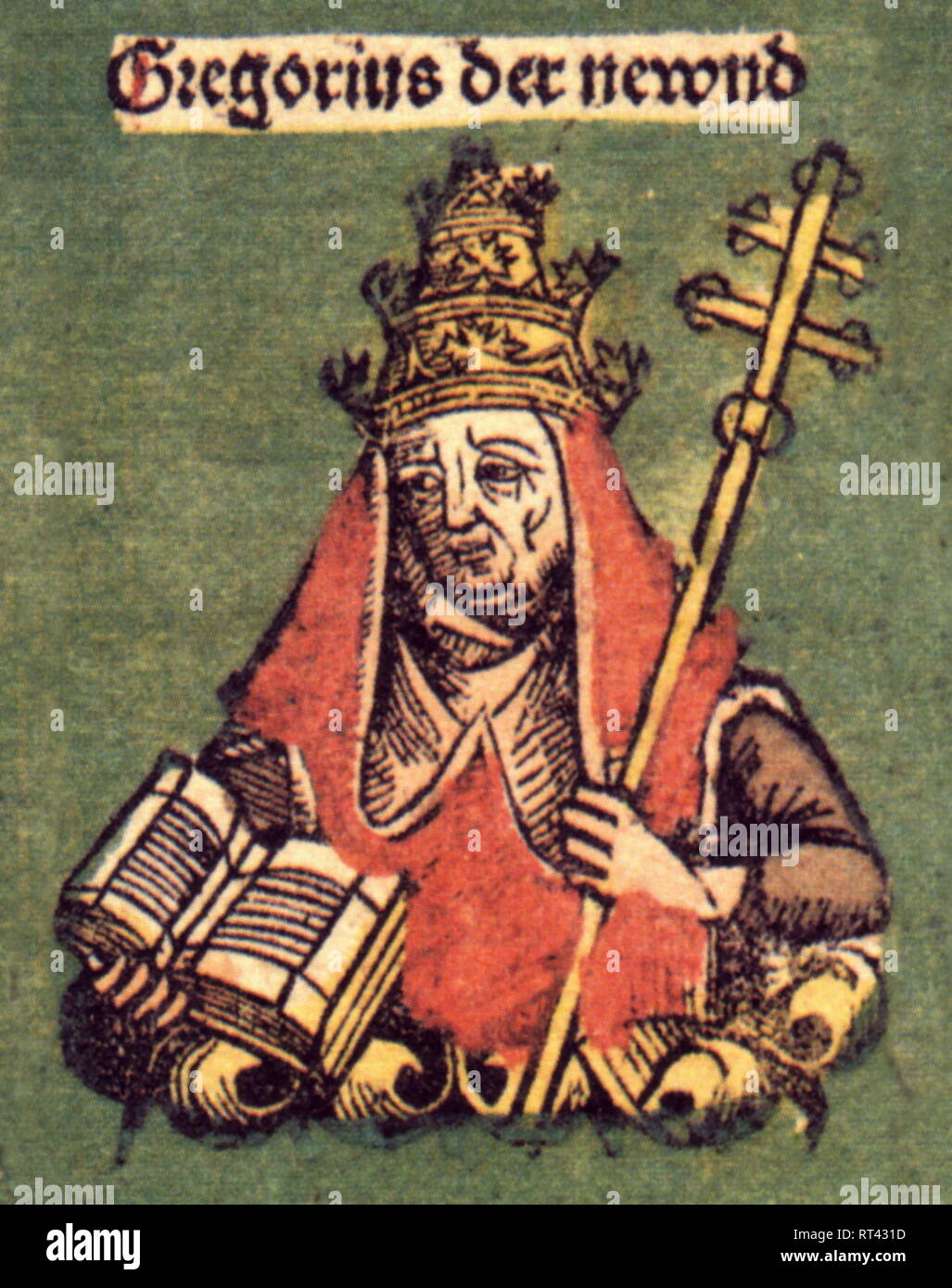 Gregory IX (Ugolino dei Conti di Segni), circa 1167 - 21.8.1241, Pope 19.3.1227 - 21.8.1241, half-length, woodcut by Michael Wolgemut or Wilhelm Pleydenwurff to the chronicle of Hartmann Schedel, Nuremberg, 1493, Artist's Copyright has not to be cleared Stock Photo