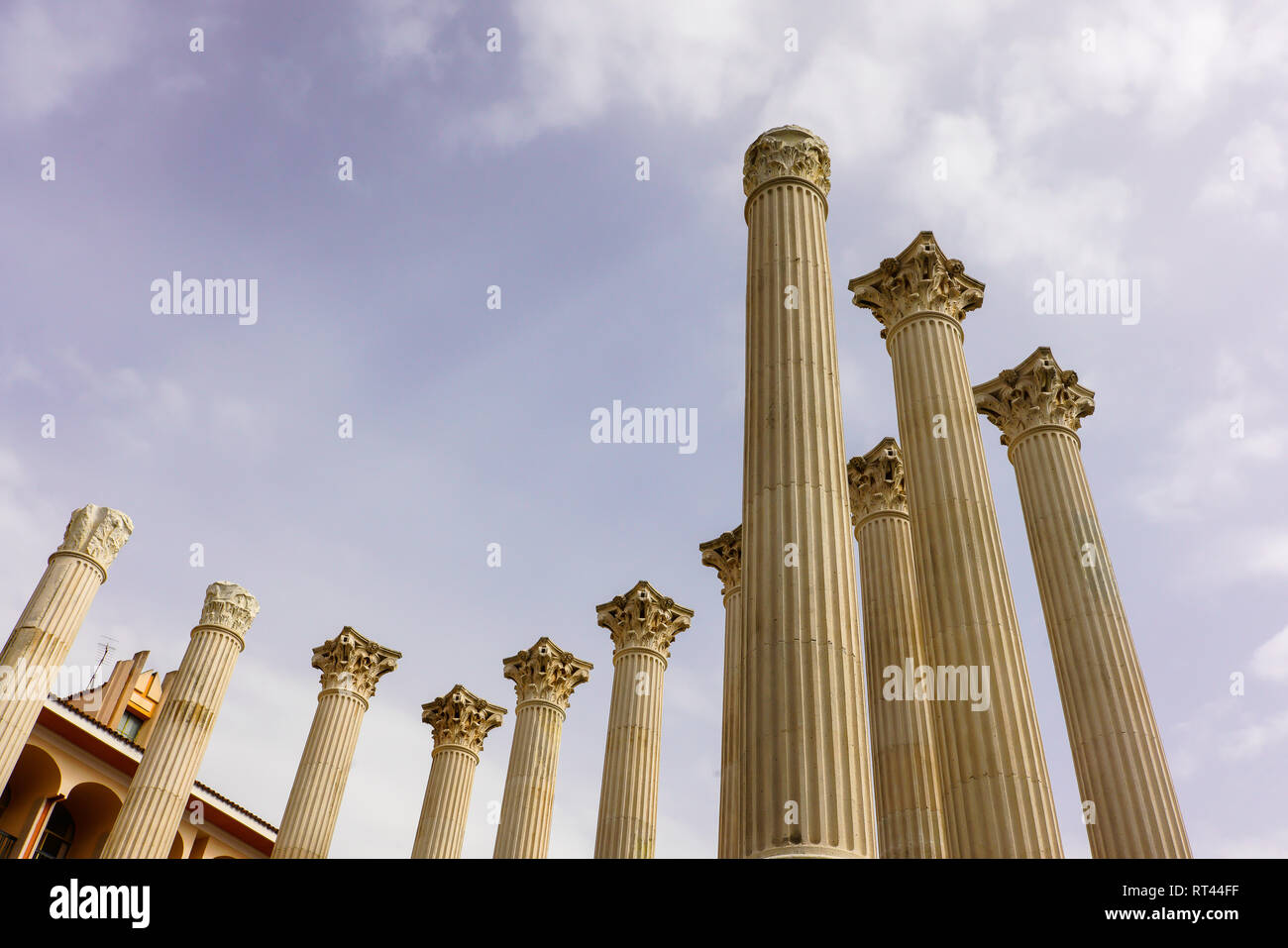 Cordoba Roman temple, view of reconstructed columns in the center of Cordoba, Andalucia, Spain. Stock Photo