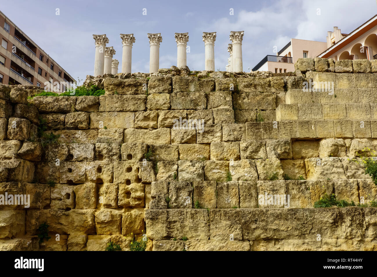 Cordoba Roman temple, view of reconstructed columns in the center of Cordoba, Andalucia, Spain. Stock Photo