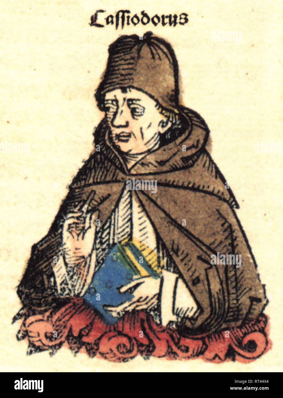 Cassiodorus (Flavius Magnus Aurelius Cassiodorus Senator), circa 485 - circa 580, Roman politician and author / writer, half-length, woodcut by Michael Wolgemut or Wilhelm Pleydenwurff to the chronicle of Hartmann Schedel, Nuremberg, 1493, Artist's Copyright has not to be cleared Stock Photo