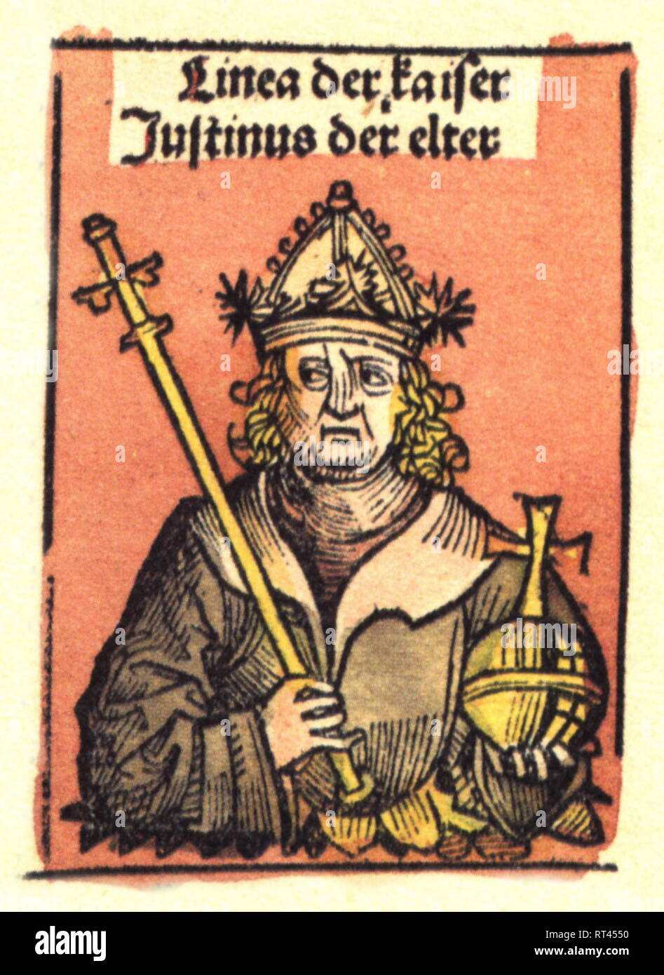 Justin I. (Flavius Iustinus), circa 450 - 1.8.527, Eastern Roman Emperor 518 - 527, half-length, woodcut by Michael Wolgemut or Wilhelm Pleydenwurff to the chronicle of Hartmann Schedel, Nuremberg, 1493, Artist's Copyright has not to be cleared Stock Photo