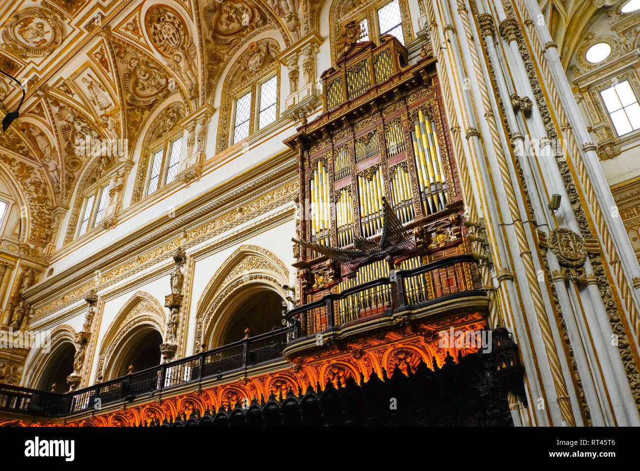 Impressive Great Organ in The Cathedral of Córdoba, Spain. Stock Photo