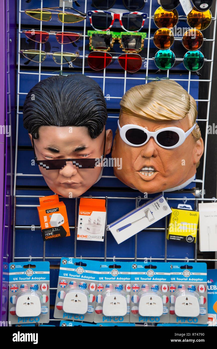 Masks of North Korean and American leaders Kim Jong Un and Donald J. Trump in Oxford Street, London Stock Photo
