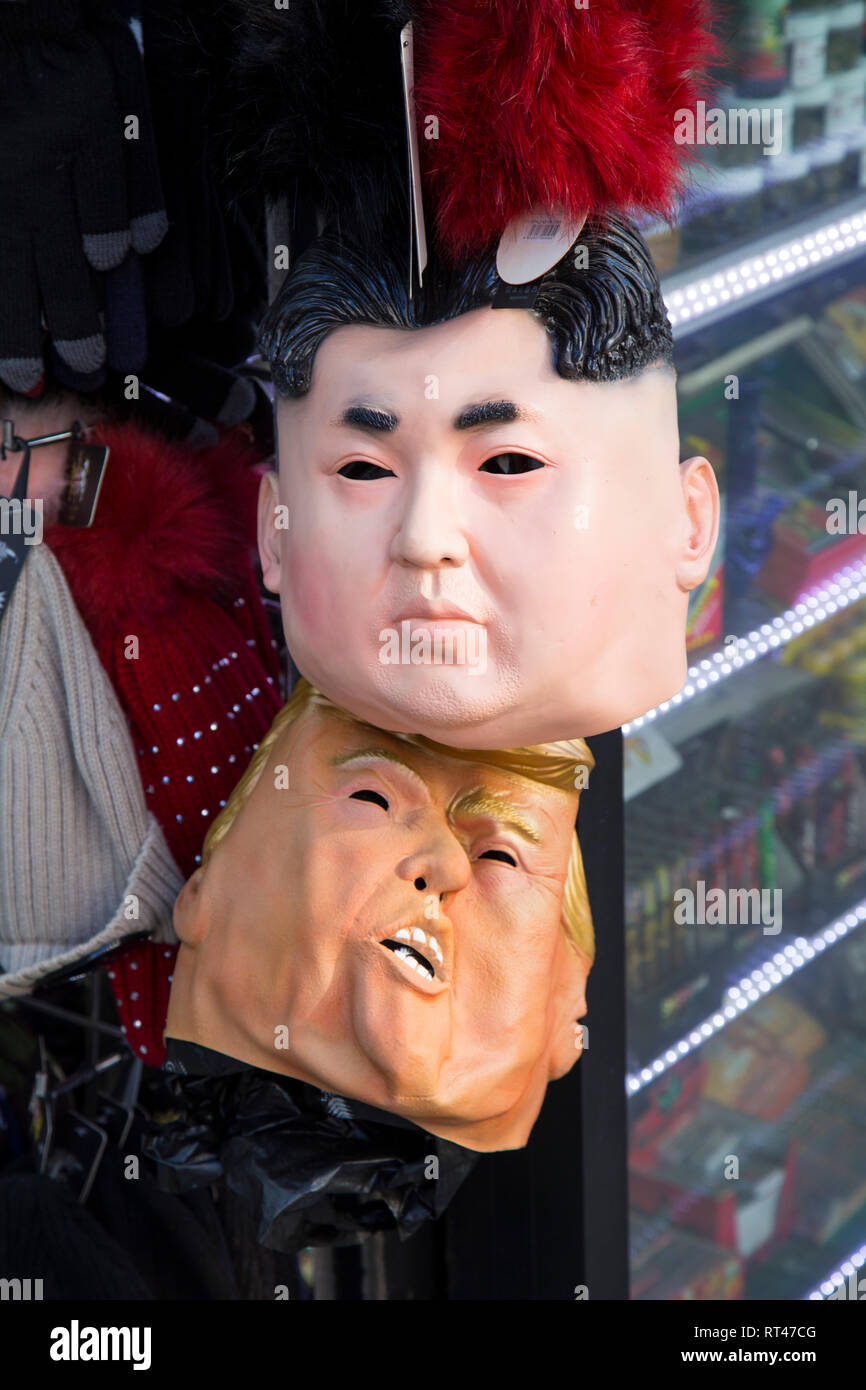 Masks of North Korean and American leaders Kim Jong Un and Donald J. Trump in Oxford Street, London Stock Photo