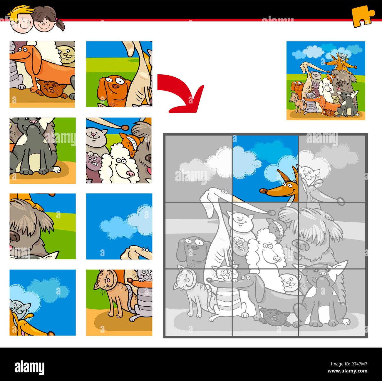 Cartoon Illustration of Educational Jigsaw Puzzle Game for Children with Happy Dogs and Cats Animal Characters Stock Vector