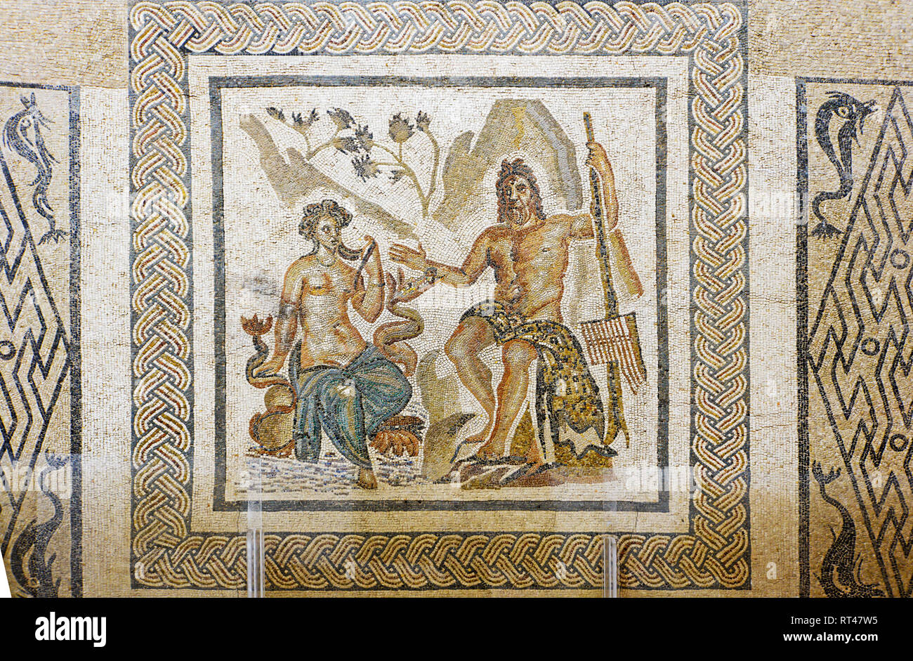 Roman mosaic portray Polyphemus and Galatea in Alcazar of the Christian Kings. Cordoba, Spain. Stock Photo