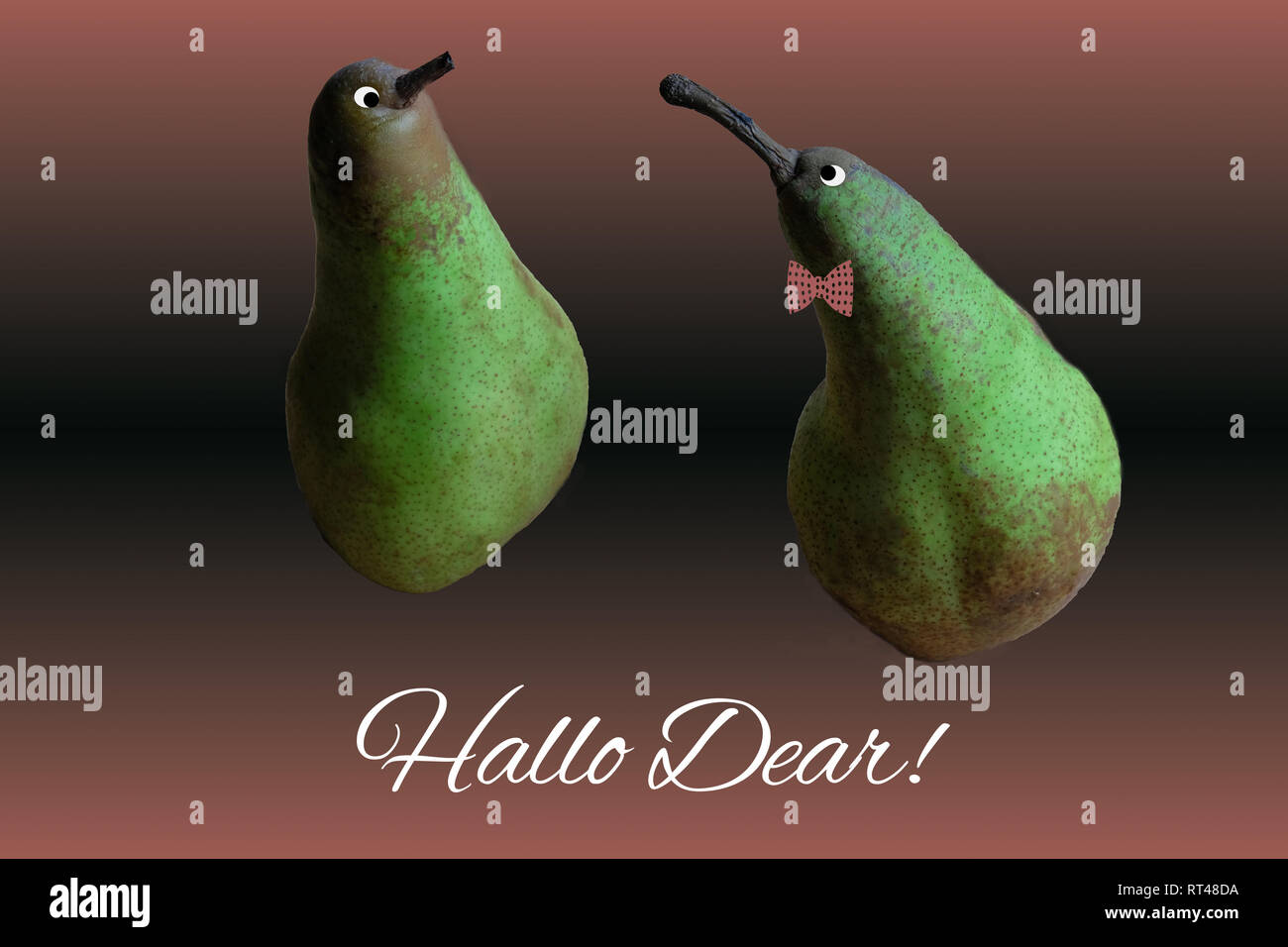 Two funny pears as a easter chicken greeting card Stock Photo