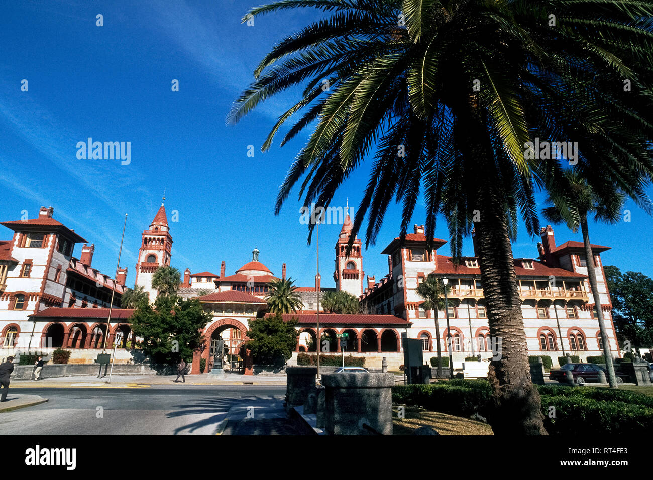 The historic 1885 Ponce De Leon Hotel is now an architectural attraction on the 47-acre (19 hectares) campus of Flagler College, a liberal arts school founded in 1968 in the heart of St. Augustine, Florida, USA. Built by American industrialist Henry M. Flagler (1830-1913), the sprawling Spanish Renaissance-style building was one of the first luxurious resorts along Florida's Atlantic Coast. After becoming wealthy as a founder of Standard Oil, Flagler became known for developing early tourism in the Sunshine State by building more grand hotels and the Florida East Coast Railway. Stock Photo
