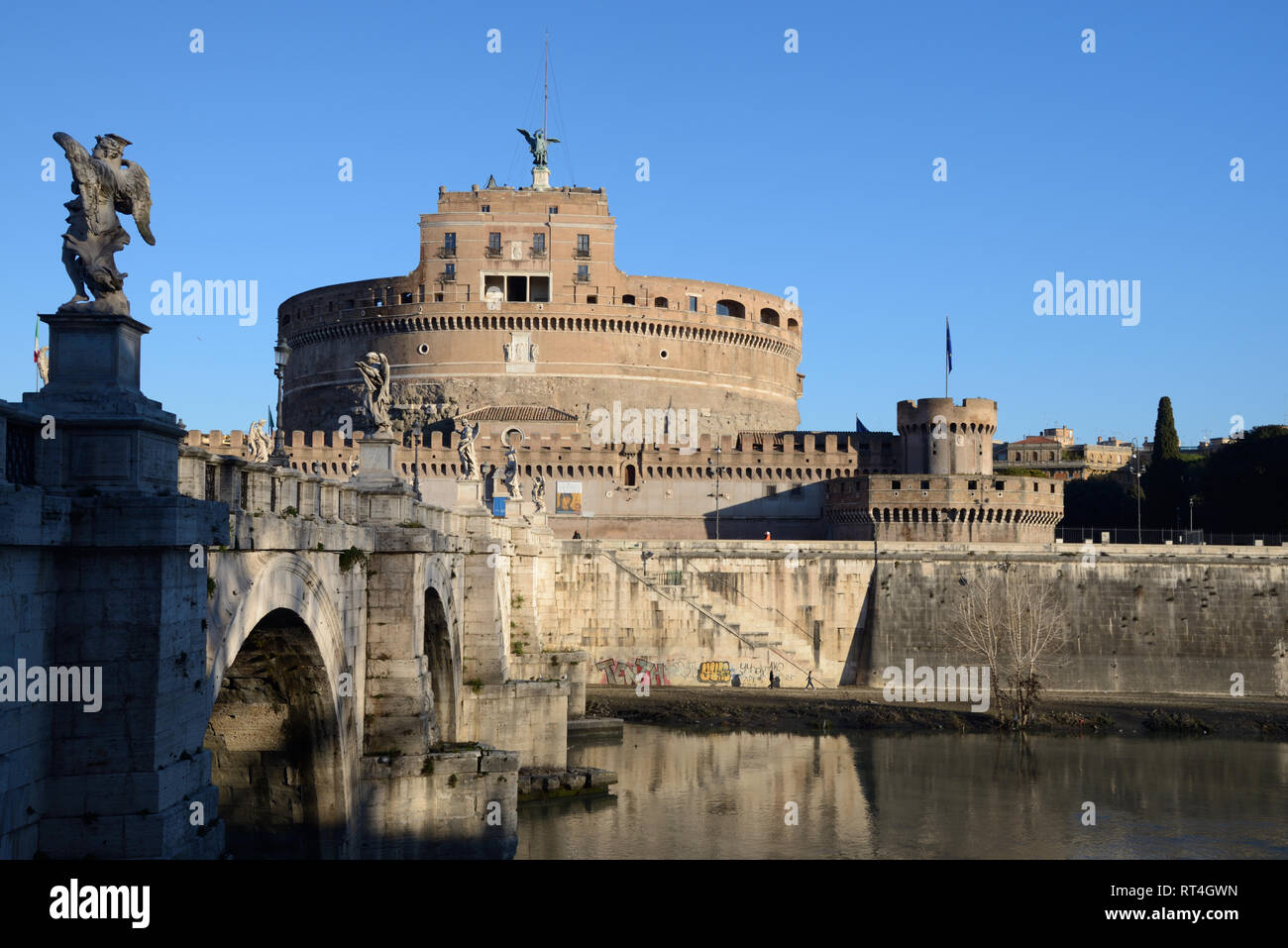 Mausoleum of Hadrian, Castel Sant'Angelo, Fort, Castle or Fortres and Ponte Sant'Angelo Bridge (134AD) over Tiber River Rome Italy Stock Photo