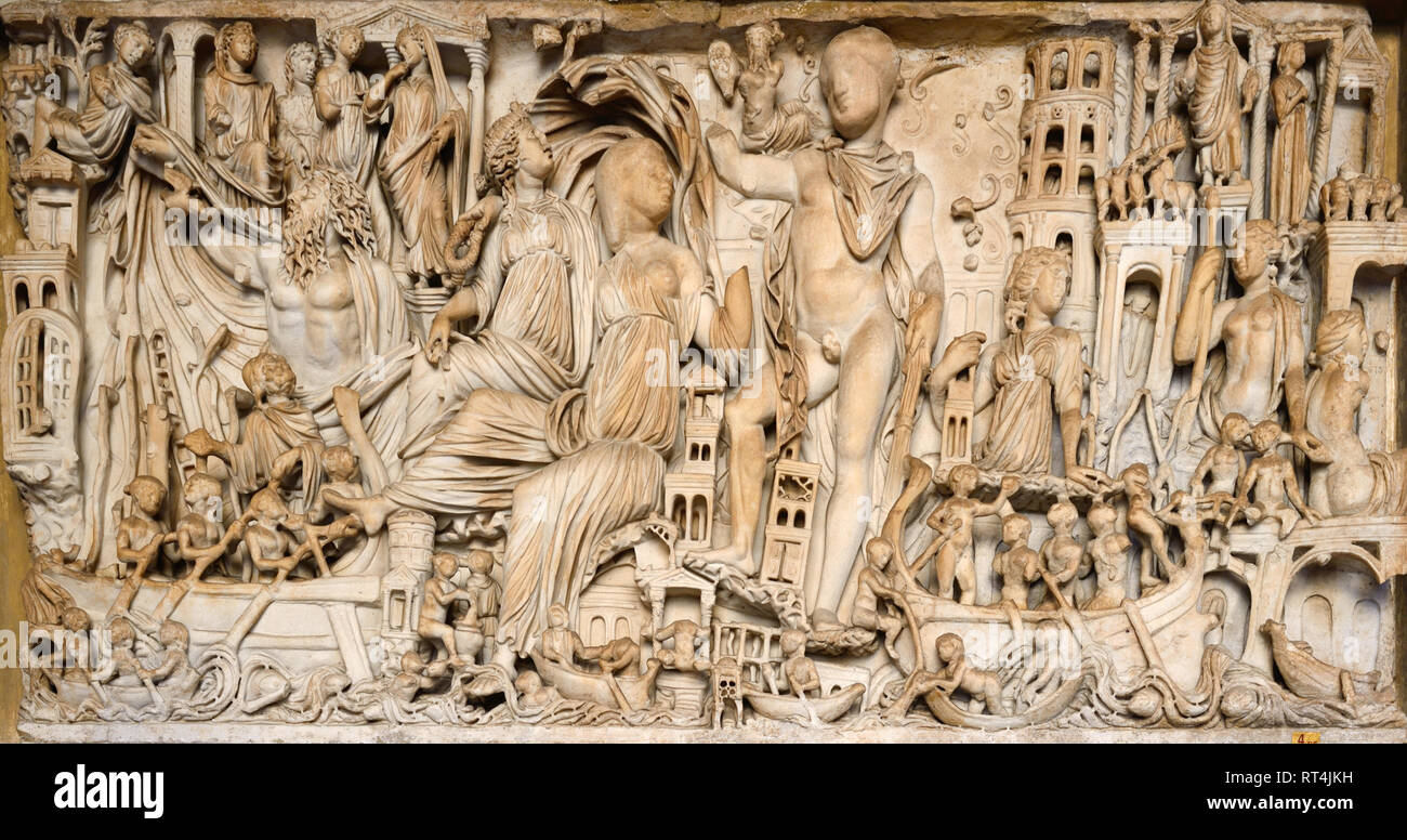 Roman Tomb or Sarcophagus (250-260AD) with Scenes of Port Town and Roman Ships & the Deceased in Centre, in Octagonal Courtyard, Vatican Museums Stock Photo