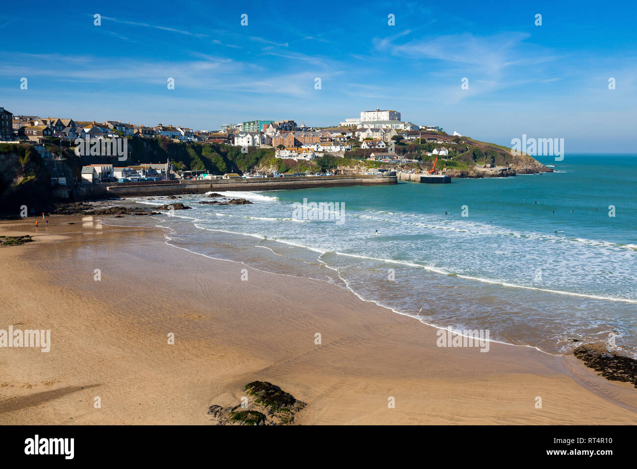 Overlooking the golden sandy Town Beach Newquay Cornwall England UK Europe Stock Photo