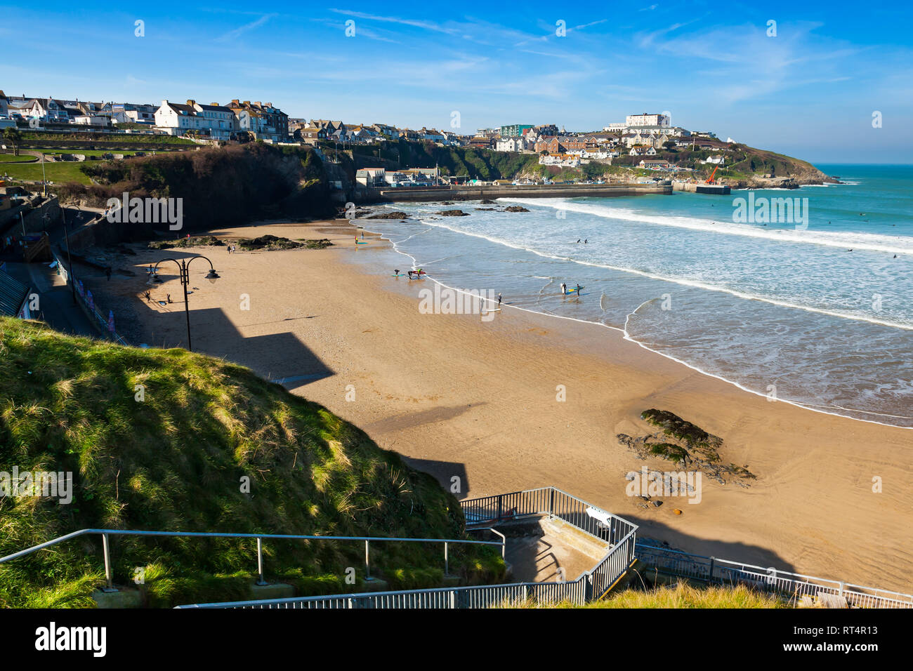 Overlooking the golden sandy Town Beach Newquay Cornwall England UK Europe Stock Photo