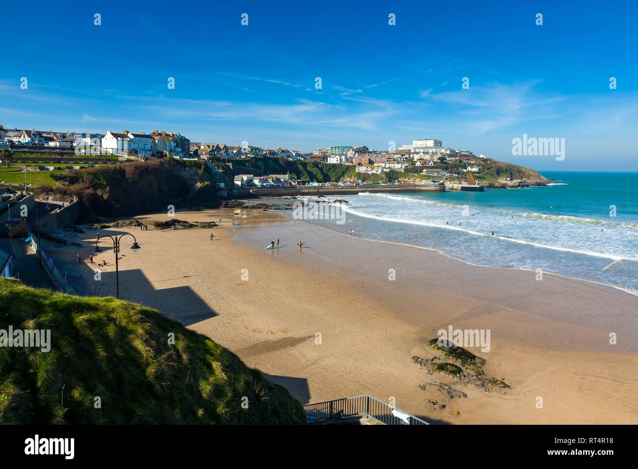 Overlooking the golden sandy Town Beach Newquay Cornwall England UK Europe Stock Photo