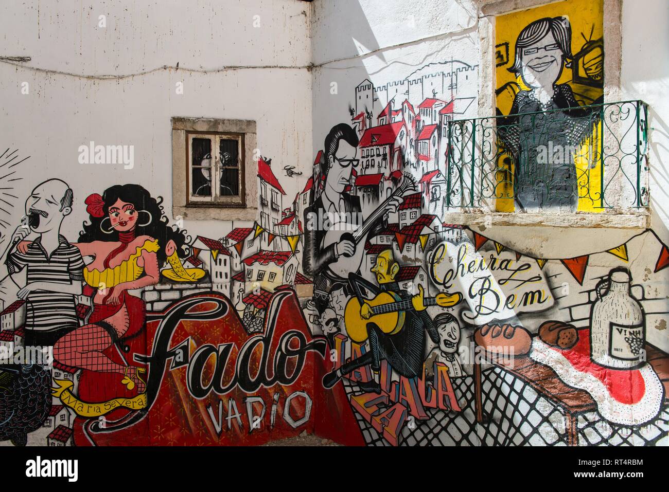 Street art and Graffiti of portuguese fado on a street of Lisbon, Portugal Stock Photo
