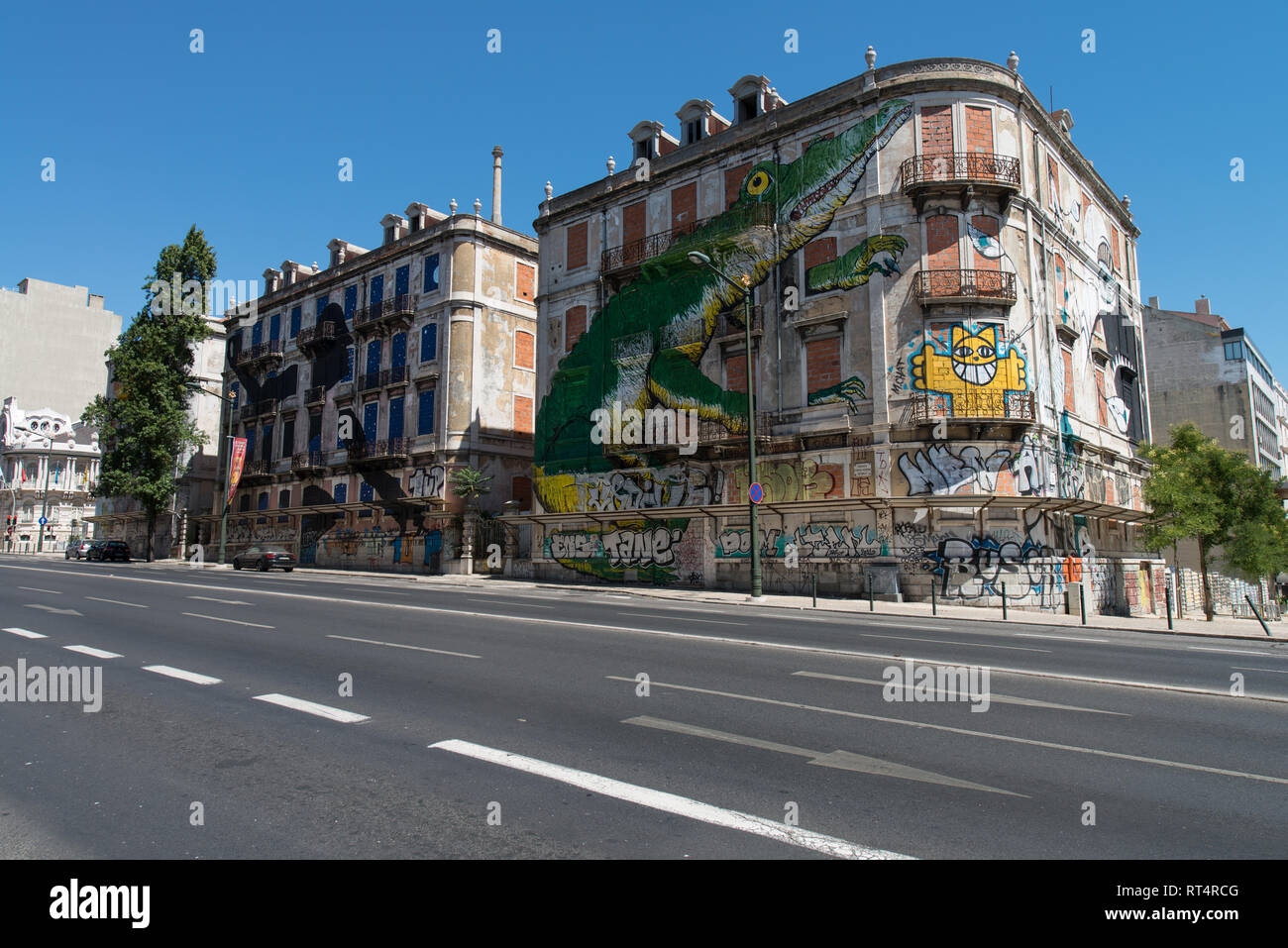 Graffiti and Street art in a street of Lisbon, Portugal Stock Photo