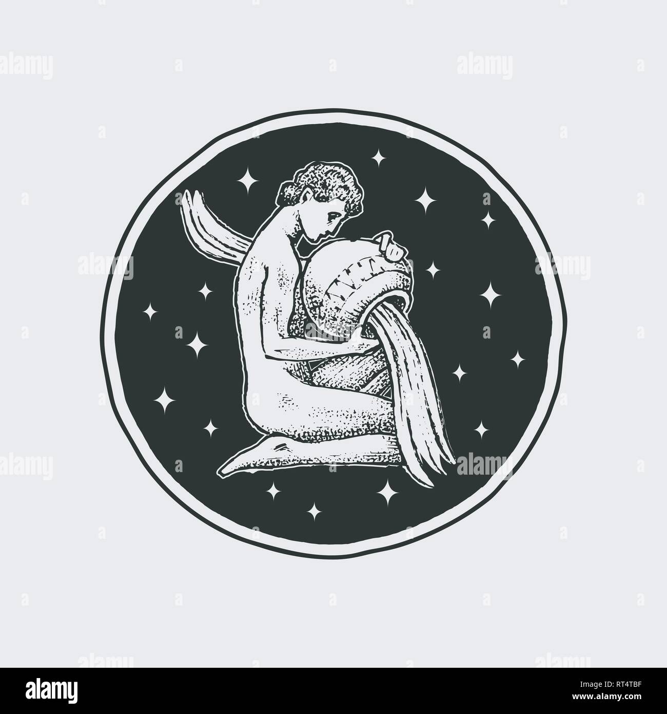 Aquarius Zodiac icon. Astrology horoscope with sign. Calendar template. Collection outline animals. Classic vintage style. Engraved hand drawn sketch. Stock Vector