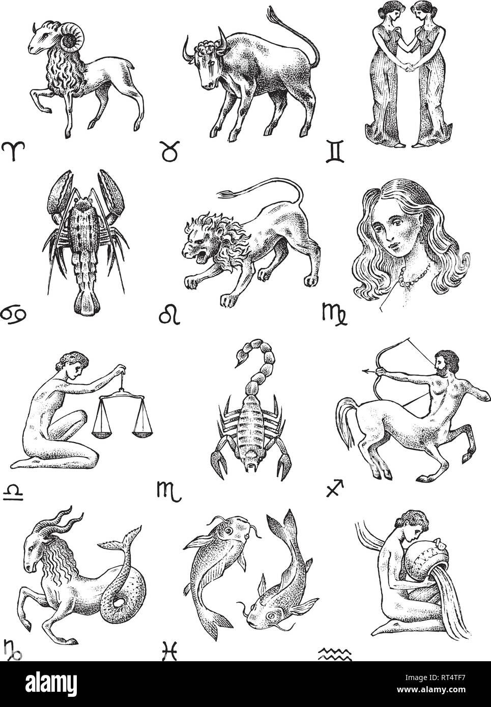 Zodiac icons. Astrology horoscope with signs. Calendar template. Collection  outline animals. Vintage style. Libra Scorpio Sagittarius Capricorn Stock  Vector Image & Art - Alamy