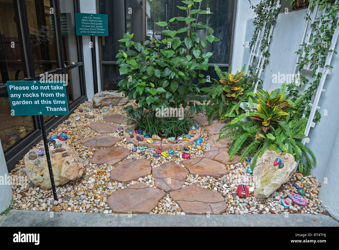 Stone Garden at the Lake City, Florida Veterans Administration Medical Center.  The stones are hand-painted and placed in a small garden near the entr Stock Photo