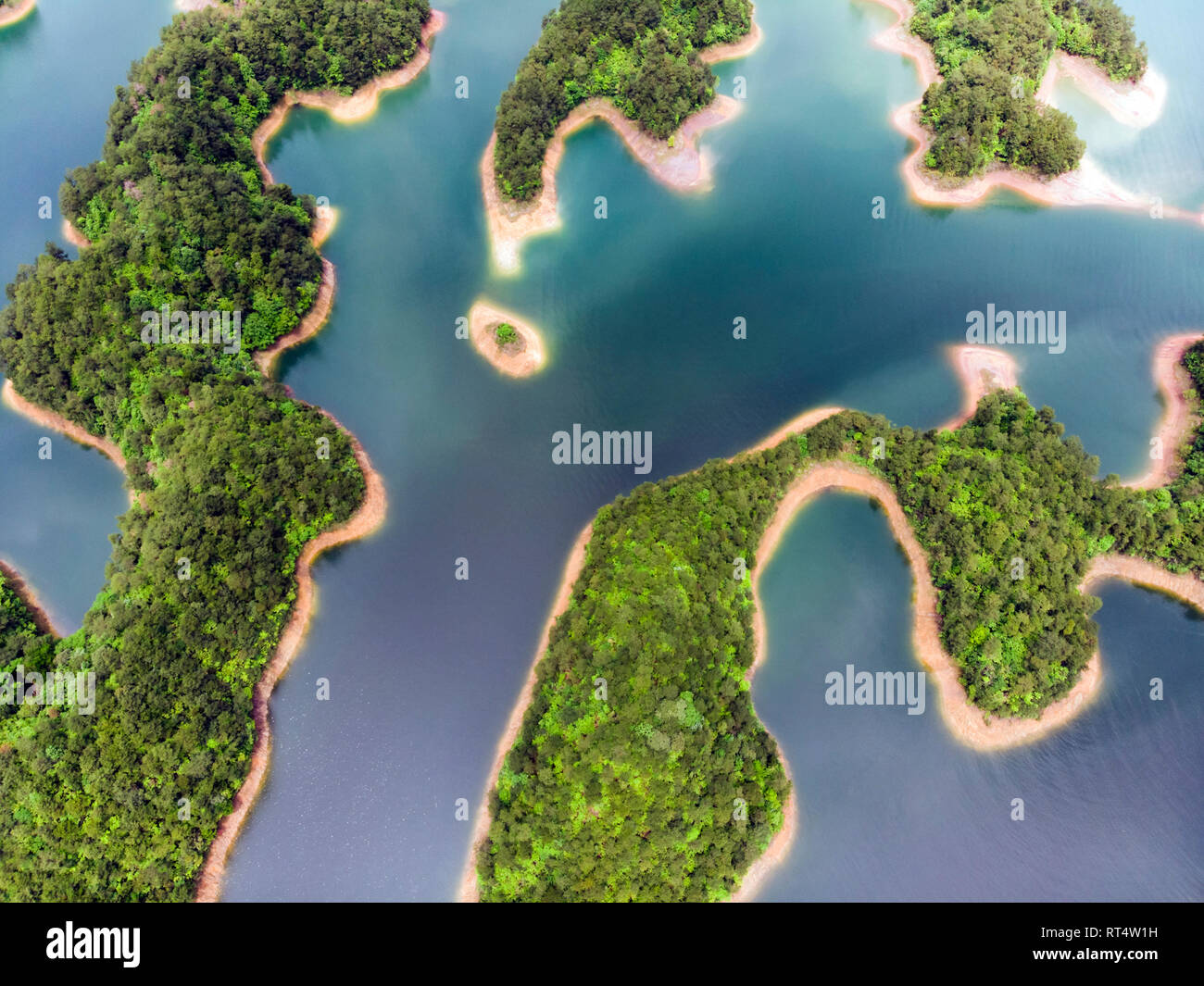 Aerial View of Thousand Island Lake. Bird View of Freshwater Qiandaohu. Sunken Valley in Chun’an Country, Hangzhou, Zhejiang Province, China. Stock Photo