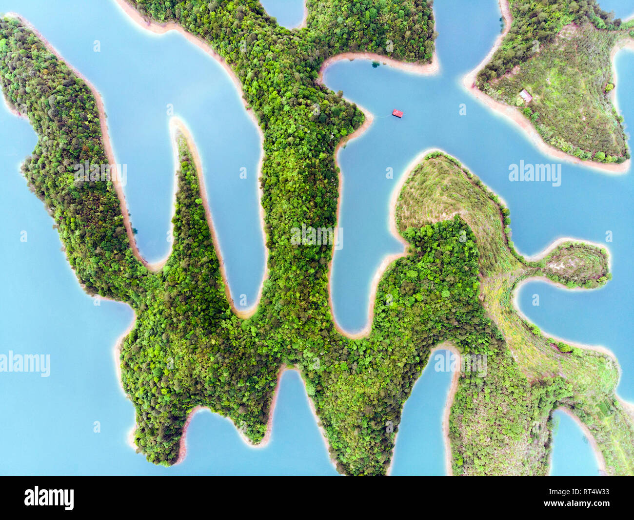 Aerial View of Thousand Island Lake. Bird View of Freshwater Qiandaohu. Tea Islands in Chunan Country, Hangzhou, Zhejiang Province, China. Stock Photo