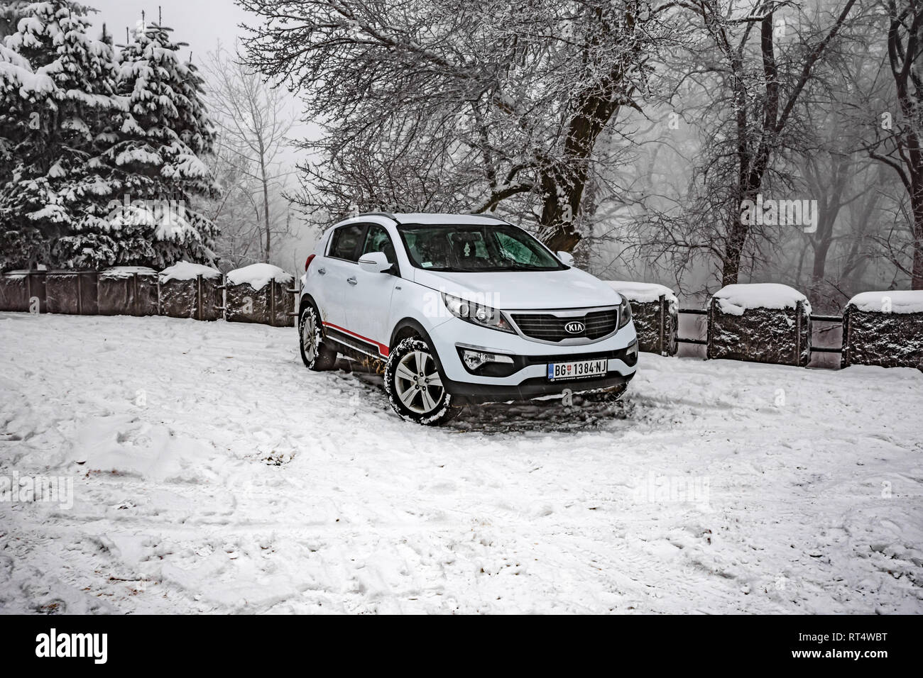 Kia Sportage 2.0 CRDI awd or 4x4, white color, in a forest road, covered with deep snow and ice. Extreme conditions and temperatures below -10 Stock Photo