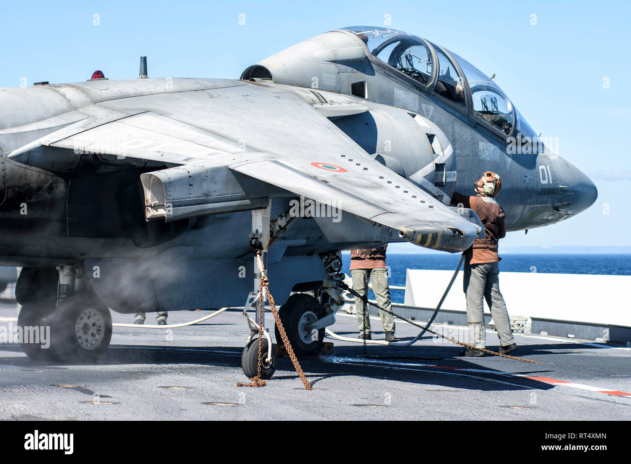 An AV-8B+ Harrier II jet aboard the Italian Navy Cavour aircraft carrier. Stock Photo