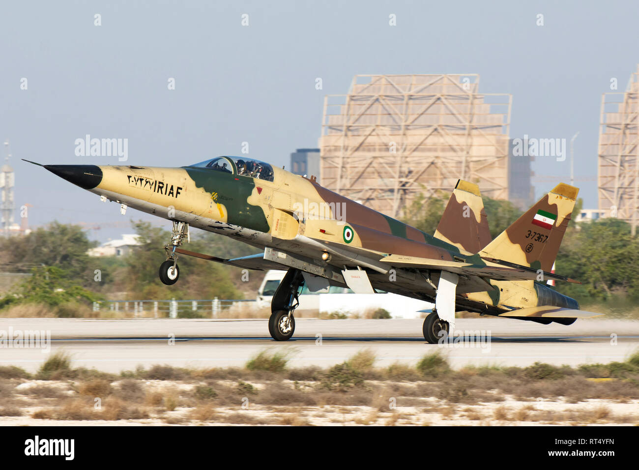 An Islamic Republic of Iran Air Force Saegheh I aircraft landing at Kish International airport. Stock Photo