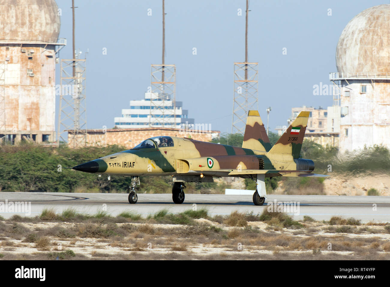 An Islamic Republic of Iran Air Force Saegheh I aircraft landing at Kish International airport. Stock Photo