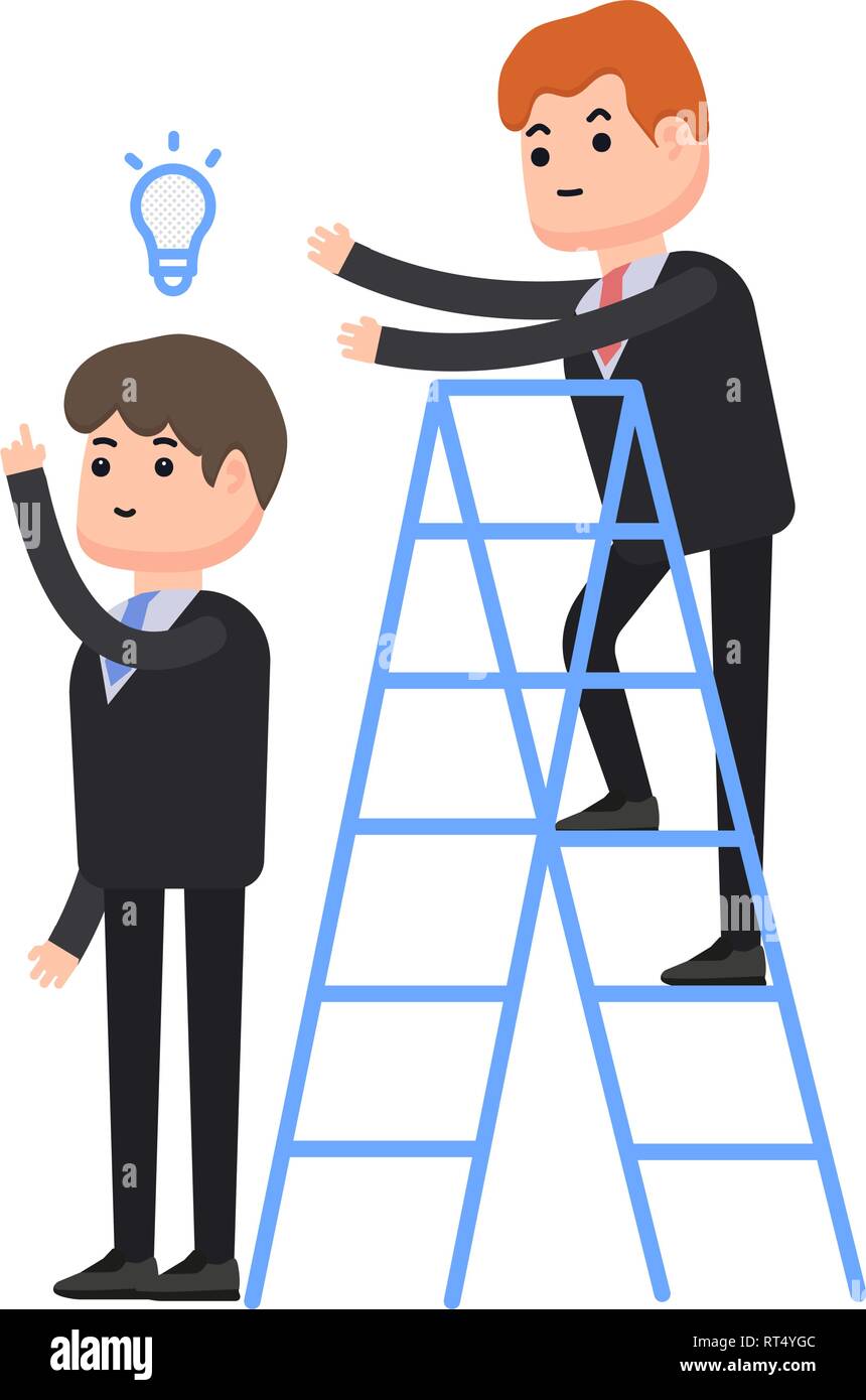 Theft of an idea, one businessman steals an idea from a second businessman, a businessman stands on a stepladder, characters in a flat style Stock Vector