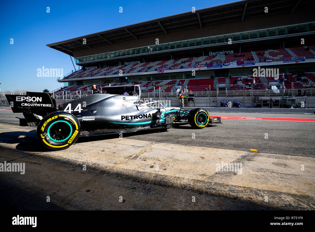 Lewis Hamilton of Mercedes AMG Petronas Formula One Team during the second journey of second week F1 Test Days in Montmelo circuit. Stock Photo