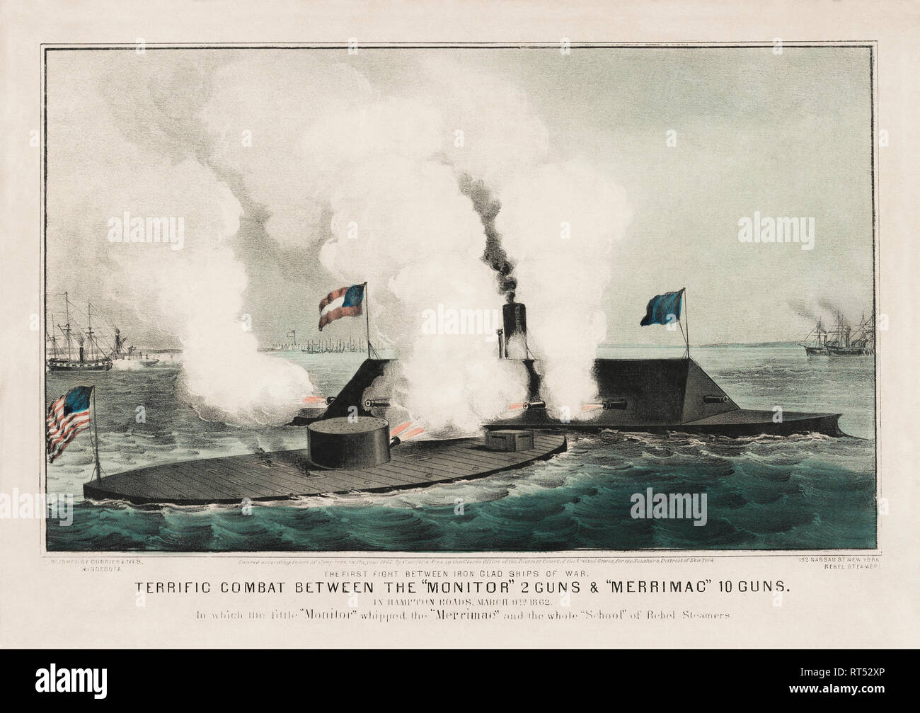 Civil war print depicts the Monitor vs. the Merrimac during the Battle of Hampton Roads in March 9th, 1862. Stock Photo