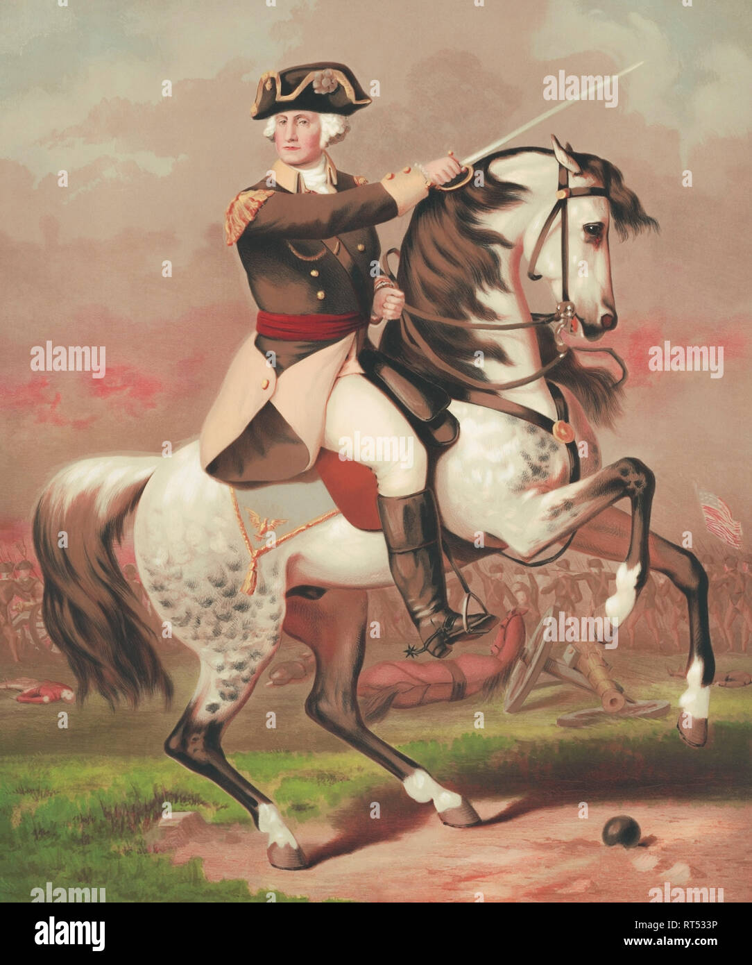 Painting of General George Washington riding a horse during the Battle of Trenton. Stock Photo