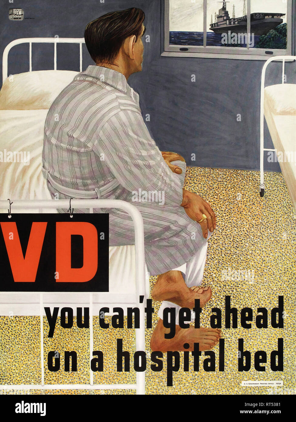 American history poster depicts an American soldier on a hospital bed with venereal disease. Stock Photo