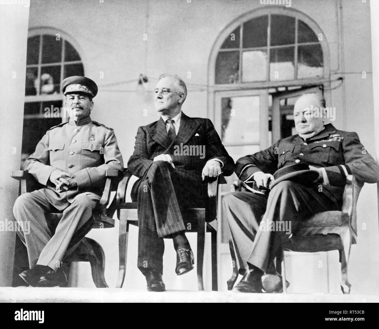 U.S. President Franklin Roosevelt, UK Prime Minister Winston Churchill and Russian Premier Joseph Stalin. Stock Photo