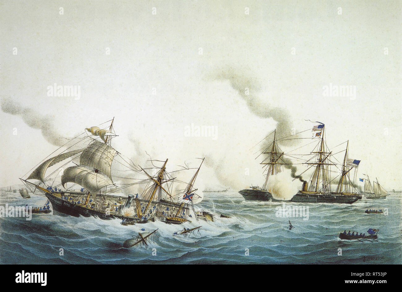 A sea battle between the CSS Alabama of the Confederate States and the USS Kearsarge of The Union Army. Stock Photo